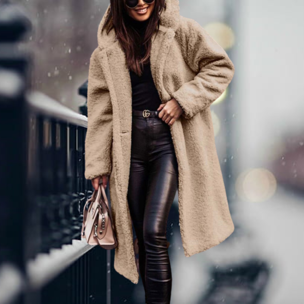 Stylish women's plush hooded winter coat. Ideal fall & winter warm outerwear, cozy & elegant.