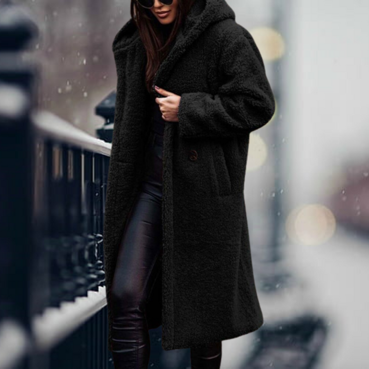 Soft plush hooded winter coat for women. Cozy & warm fall fashion jacket, long sleeve.