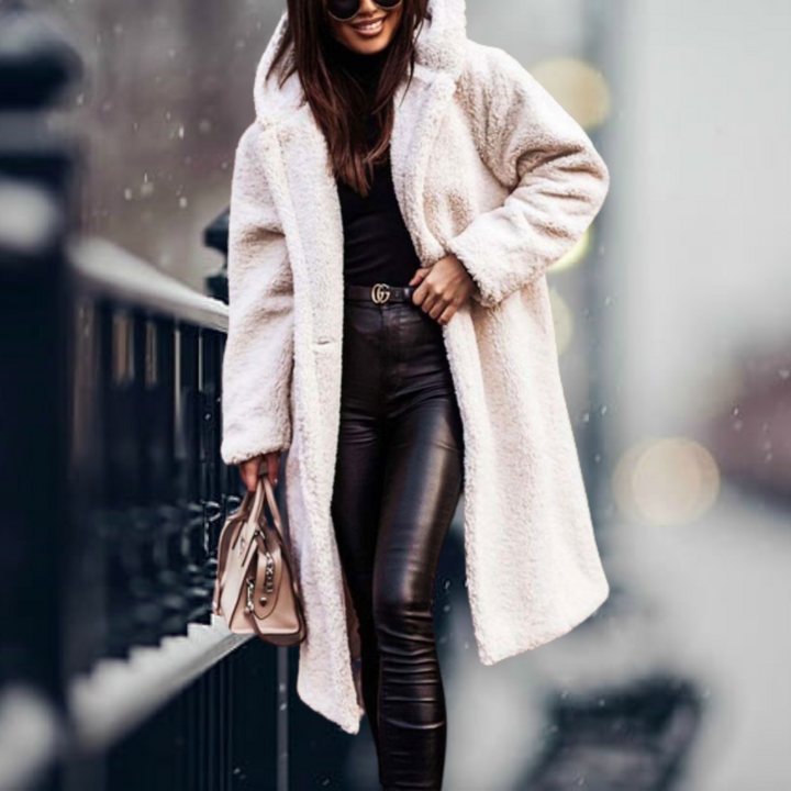 Warm & cozy women's plush hooded winter coat. Ideal elegant jacket for ultimate cold protection.