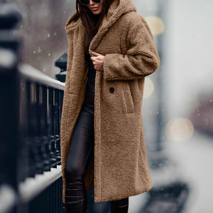 Ultra-warm women's plush hooded winter coat. Essential elegant cold weather gear, cozy & fashionable.