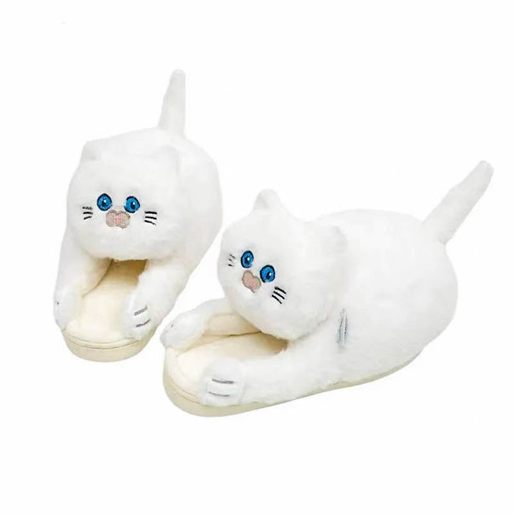 Cute women's plush cat slippers hugging feet, offering warm cozy comfort & anti-slip sole.