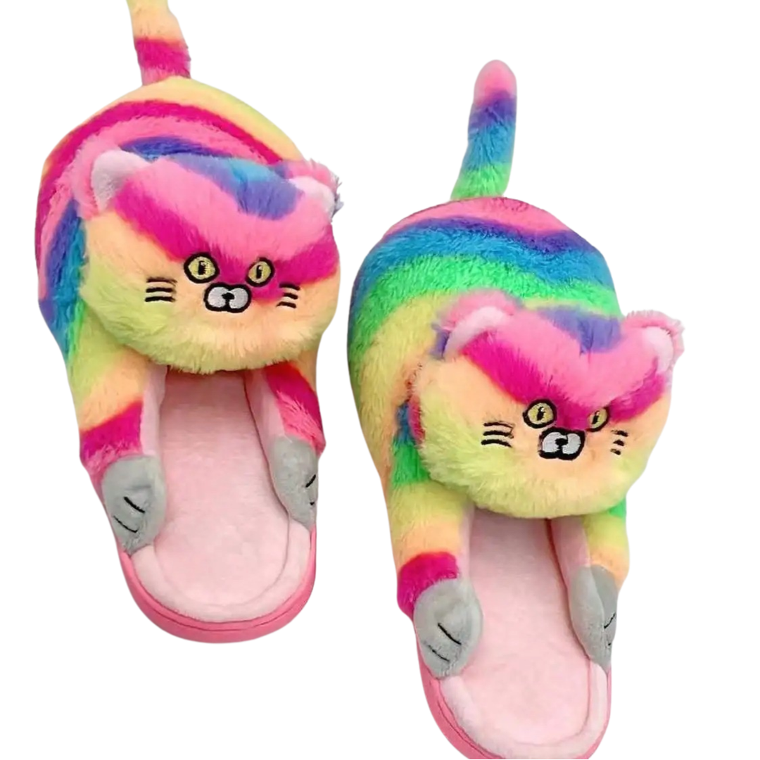 Adorable women's animal cat slippers, plush and cute, perfect cozy comfort footwear & gift for her.