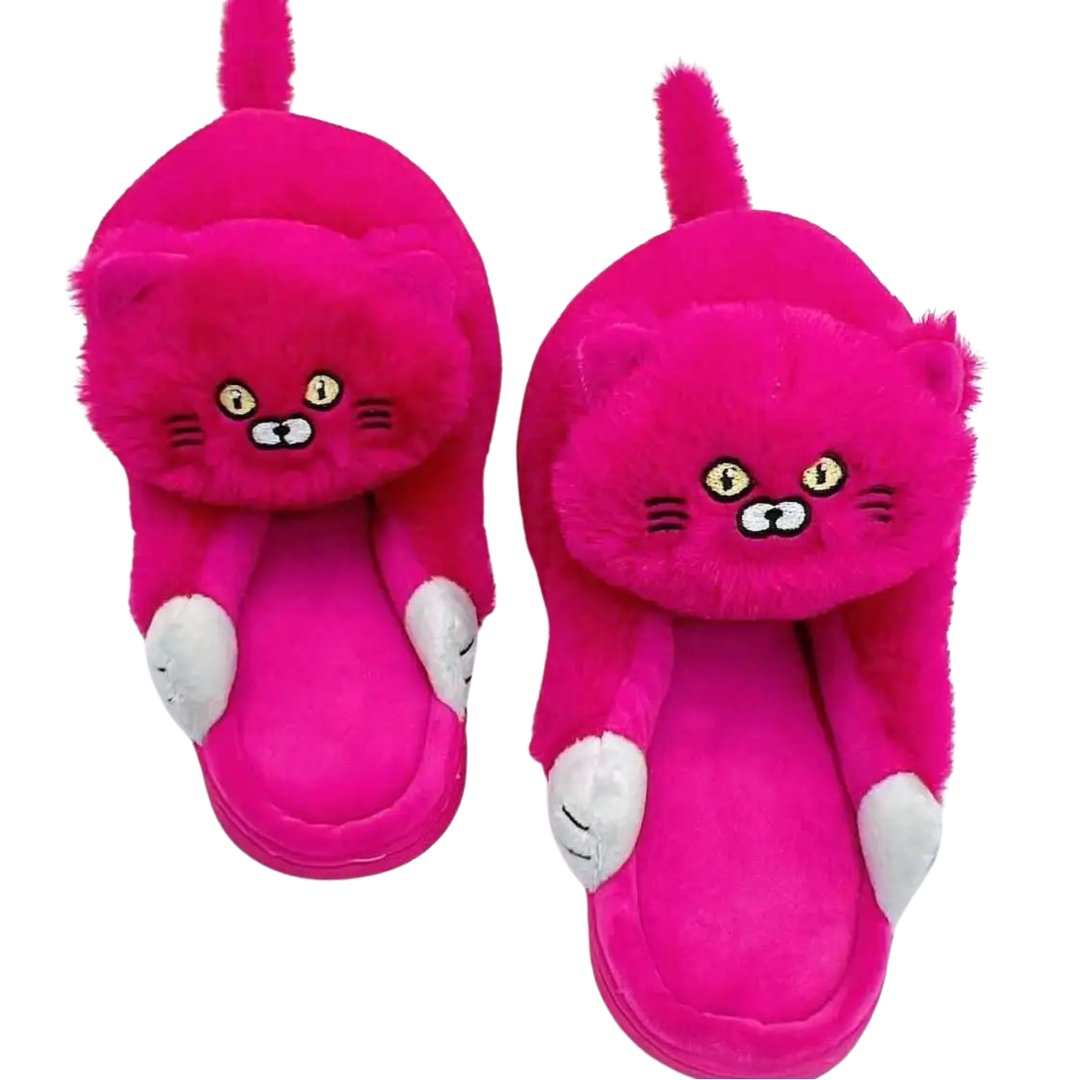 Pair of women's plush hugging cat slippers on feet, illustrating cozy comfort & cute indoor footwear.
