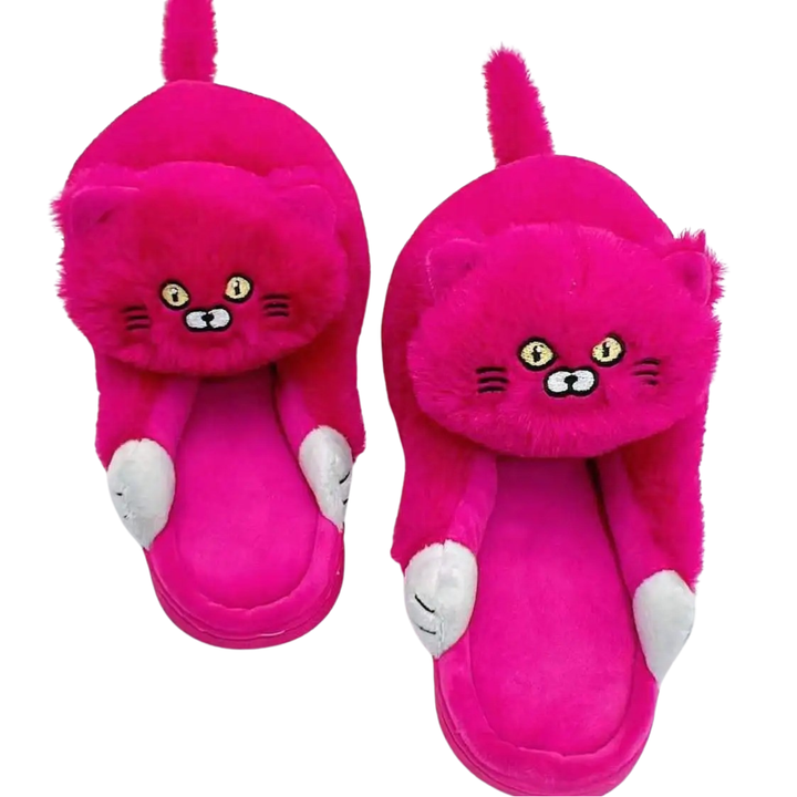 Pair of women's plush hugging cat slippers on feet, illustrating cozy comfort & cute indoor footwear.