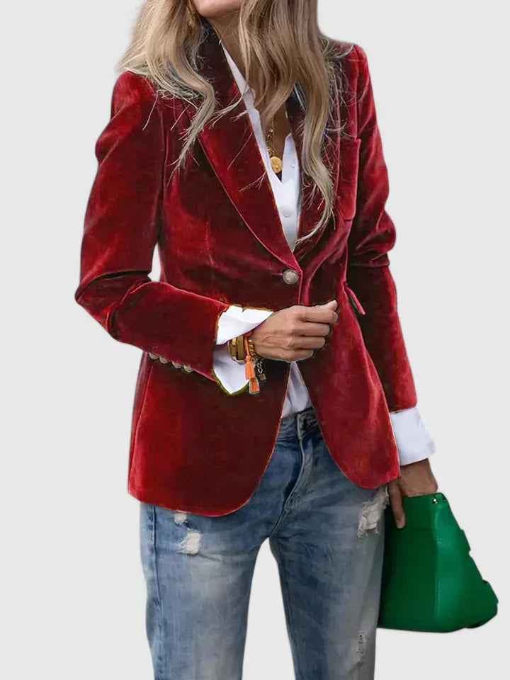 Stylish women's gold-button plush blazer. Single-breasted, tailored for office, business casual, or elegant formal wear.
