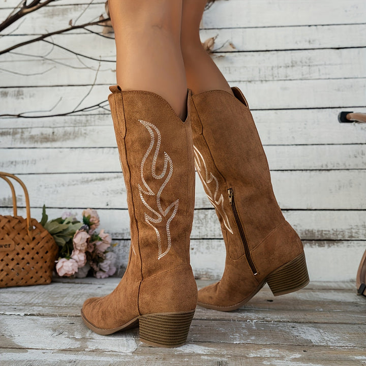 Fashionable women's western ankle boots with pointed toe and sturdy block heel.