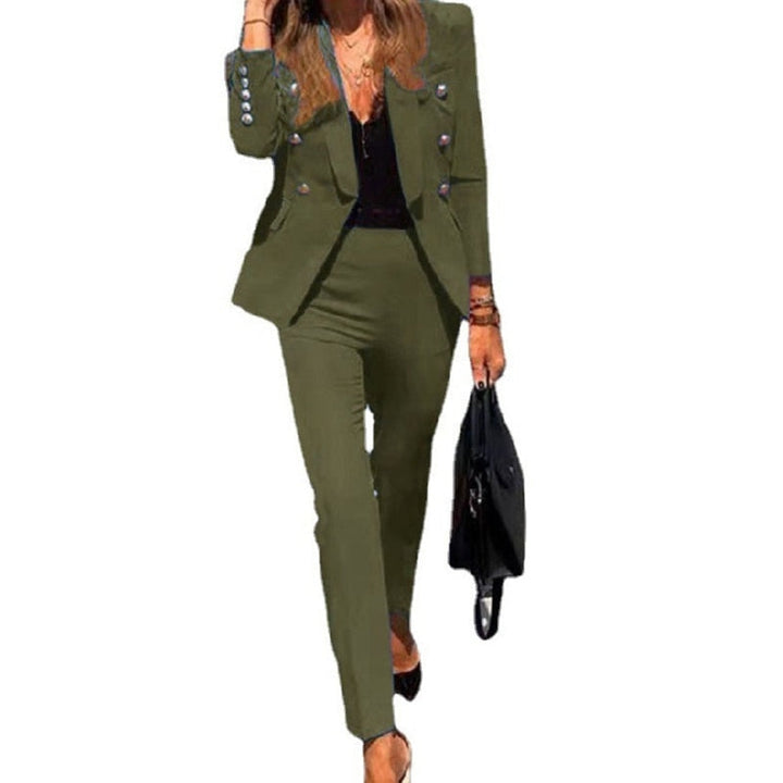 Classic women's double-breasted suit set, perfect for a polished office outfit or elegant formal event attire.