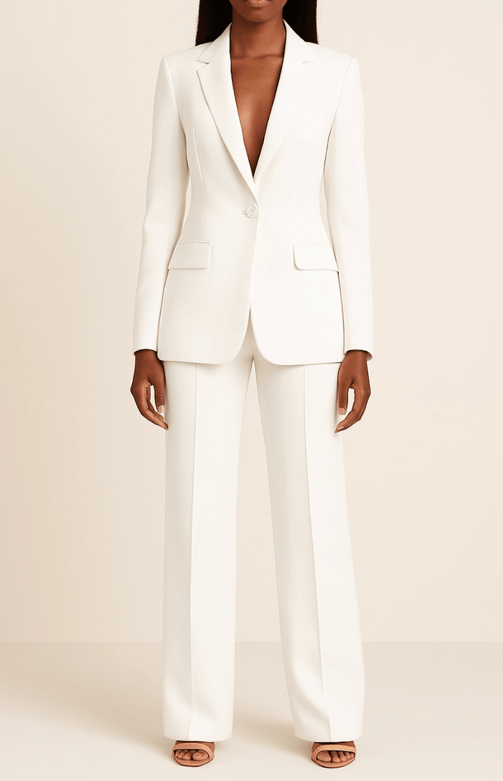 Chic matching tailored suit set for women, featuring a blazer and trousers for formal office wear.