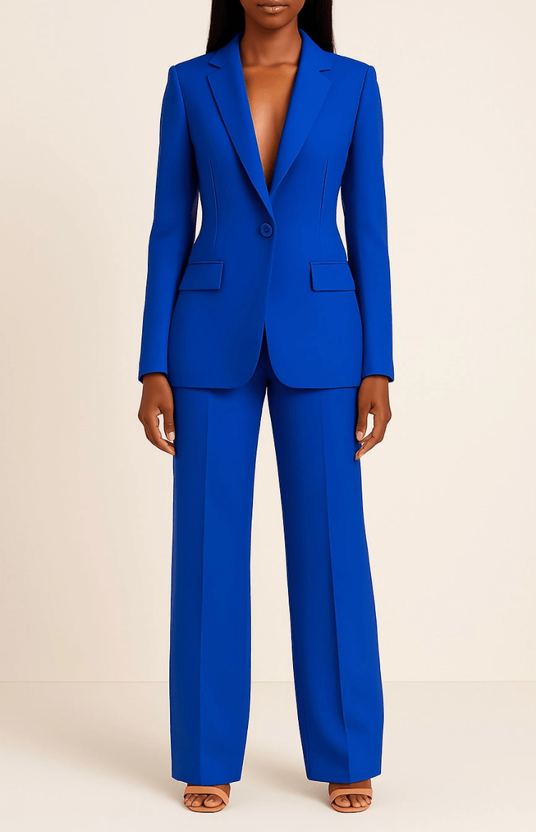 Elegant women's power suit set, a professional tailored blazer and trousers for a sharp business look.