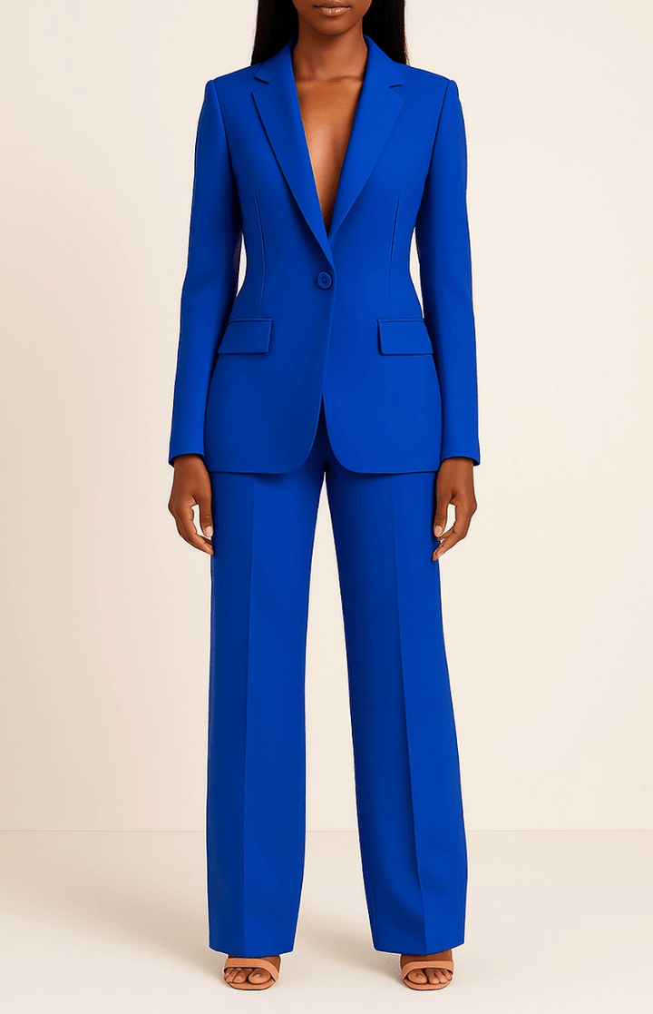 Elegant women's power suit set, a professional tailored blazer and trousers for a sharp business look.