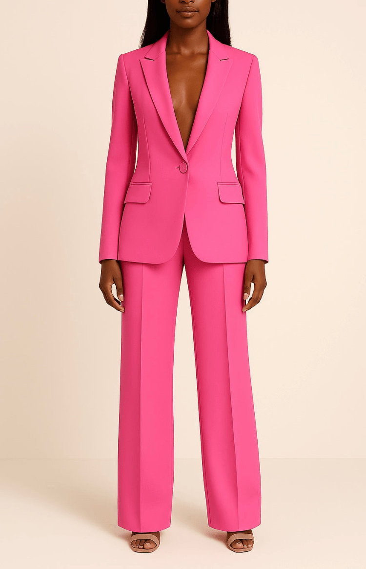 Slim fit tailored women's suit set, offering a polished, professional look for business meetings.