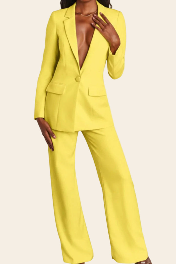 Formal women's tailored suit set, a chic blazer and trousers combo for elegant professional business attire.