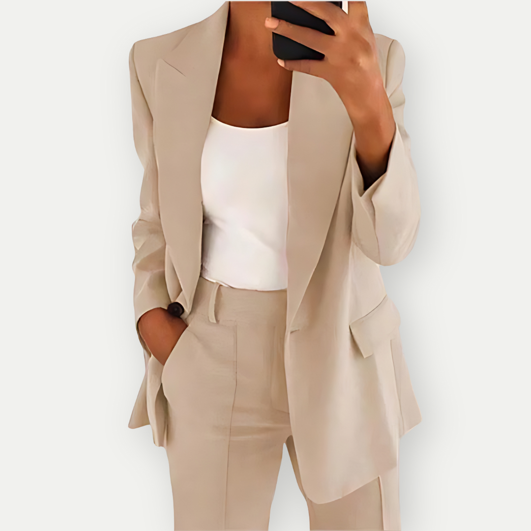 Women's polished versatile blazer suit set, an elegant two-piece for formal, office, or business casual attire.