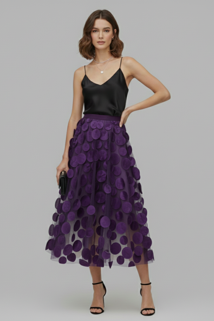 Chic women's polka dot full skirt, excellent as a party skirt or for elegant evening wear. Elastic waist.