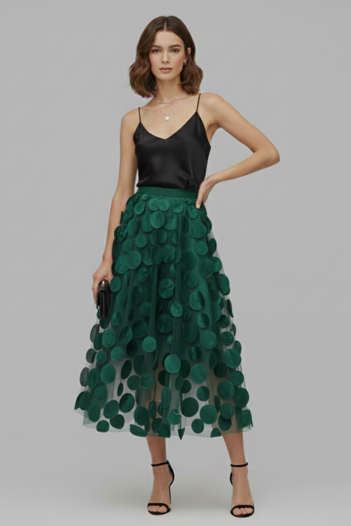 Vibrant women's polka dot full skirt. A flowy, elegant design, perfect for any party or stylish evening.