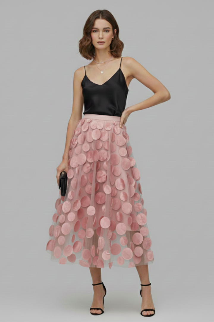 Versatile women's polka dot full skirt, suitable for casual chic, summer style, or elegant evening wear.
