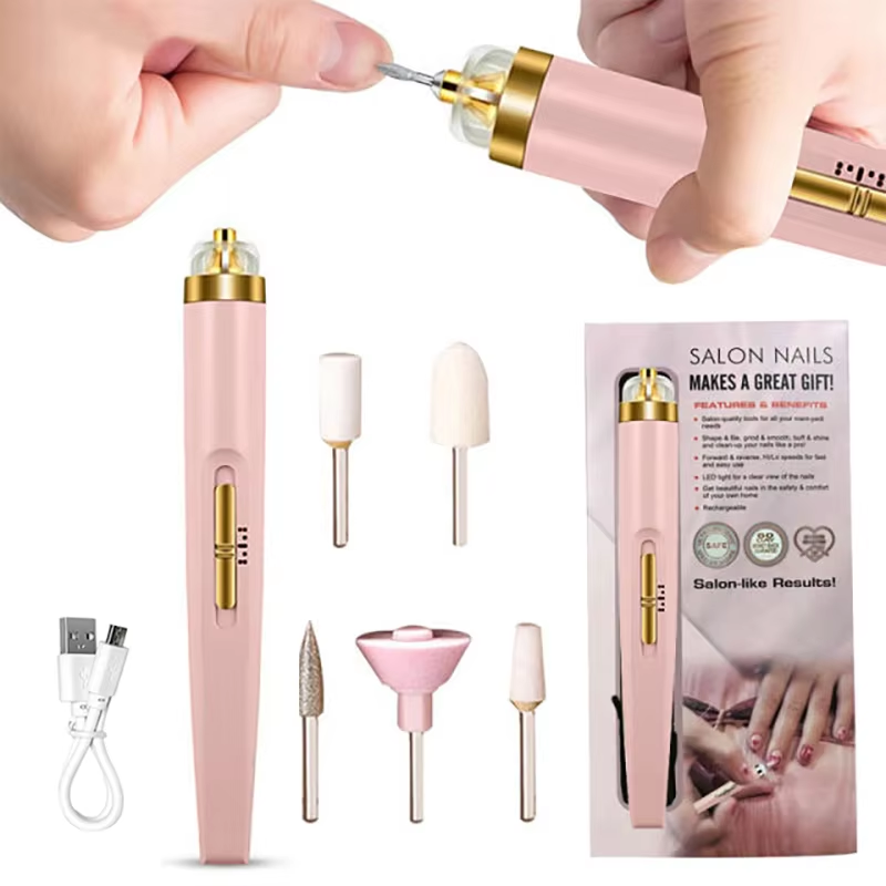 Women's portable electric nail buffer with bright LED light for precise nail care.