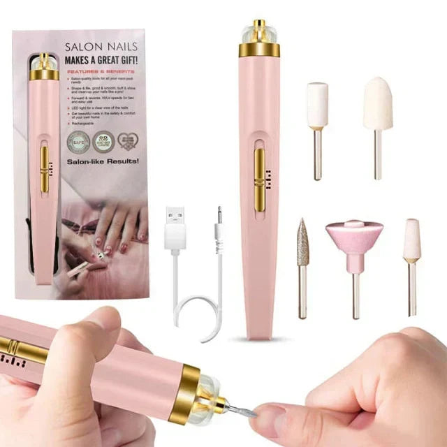 Women's portable electric nail buffer with light, perfect for efficient gel polish removal.