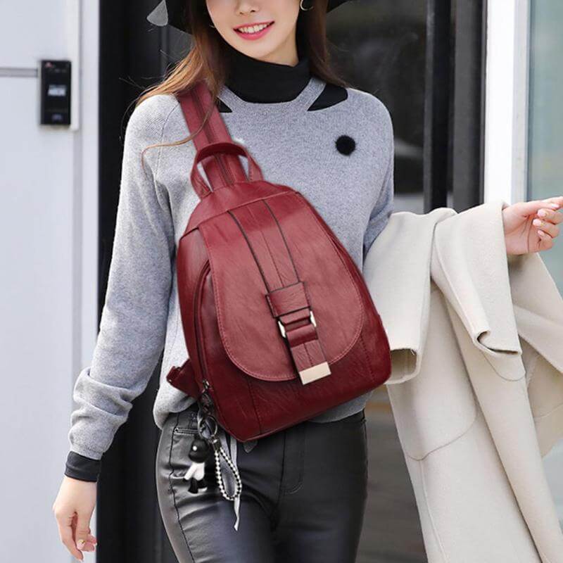 Modern women's premium leather backpack, water-resistant, blending style with utility.