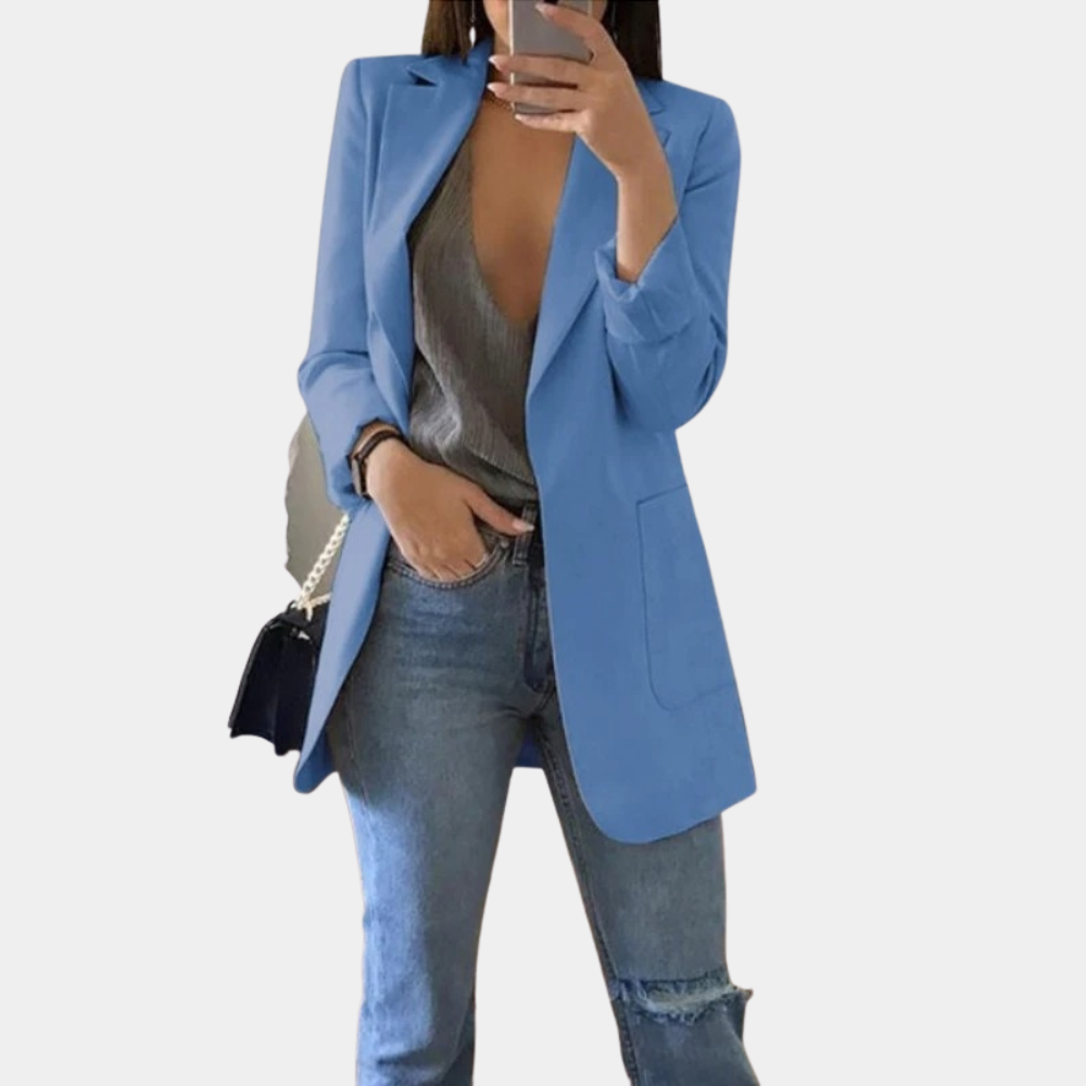 Elegant women's tailored long blazer, ideal for office wear & formal business attire. Sophisticated style.