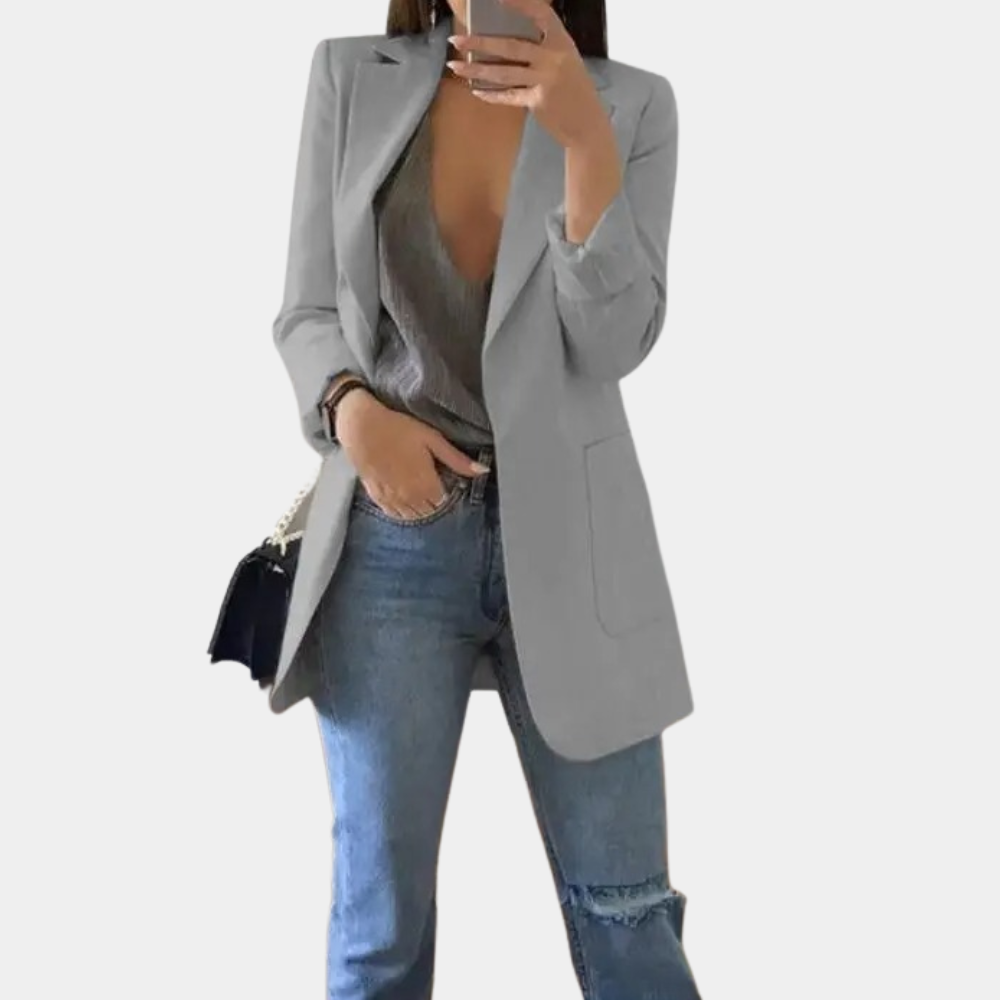 Stylish women's long tailored blazer, a versatile jacket for formal, casual, and office fashion trends.