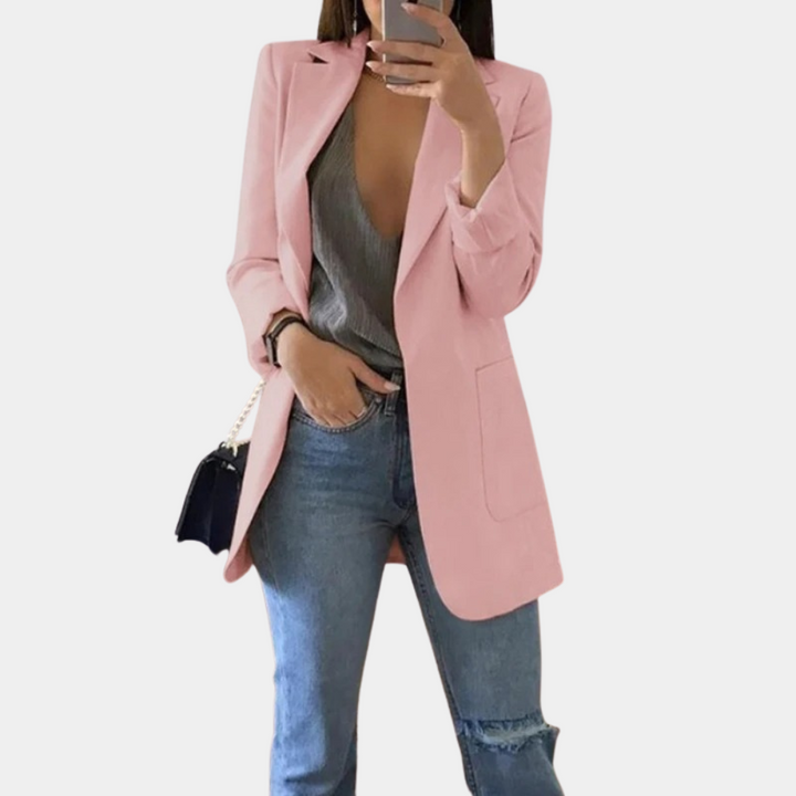 Chic women's premium tailored long blazer, a sophisticated jacket for versatile professional & fashion looks.