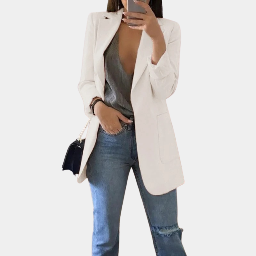 Modern women's premium long blazer, tailored for a sharp, sophisticated look in office or casual settings.