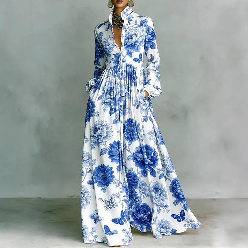Beautiful women's printed maxi dress, bohemian style with long sleeves, high waist, and flowy silhouette.