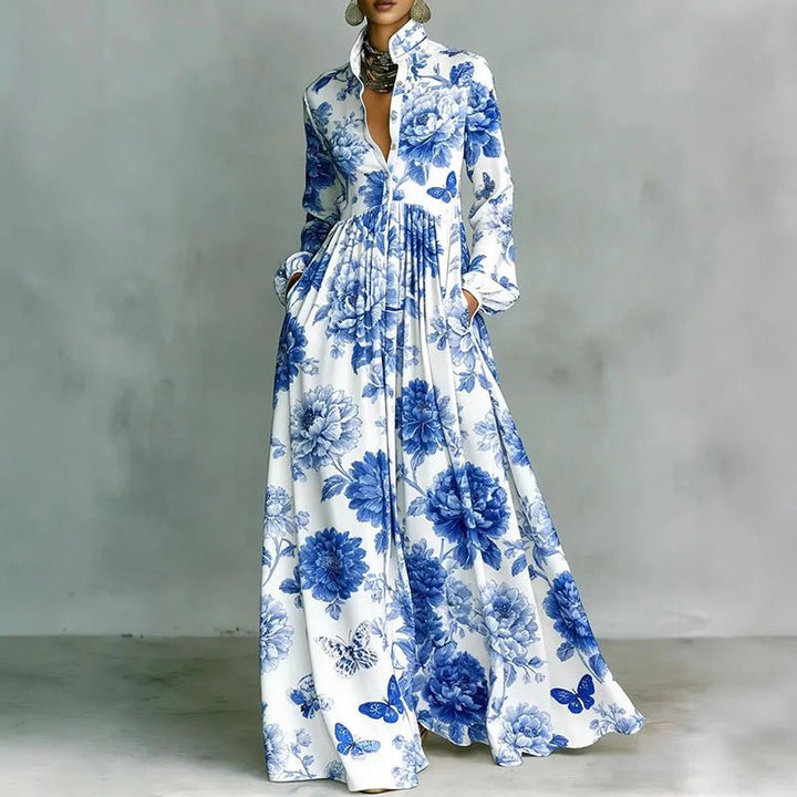Beautiful women's printed maxi dress, bohemian style with long sleeves, high waist, and flowy silhouette.