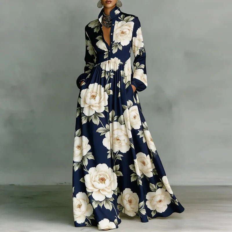 Stylish women's bohemian maxi dress with a unique print, long sleeves, button front, and flattering high waist.