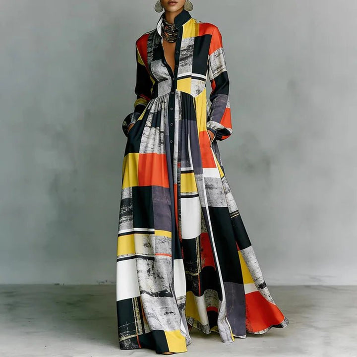Vibrant printed long sleeve maxi dress for women, featuring a bohemian design, stand collar, and high waist.