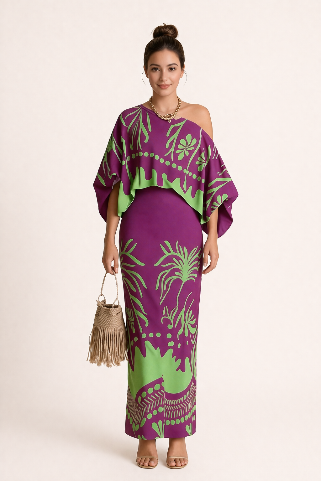 Women's printed maxi skirt and matching blouse set, perfect for a stylish summer vacation or resort wear.