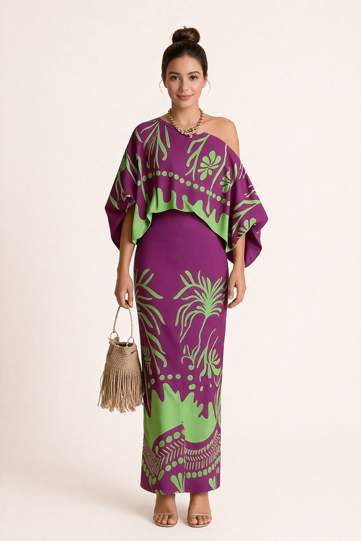 Women's printed maxi skirt and matching blouse set, perfect for a stylish summer vacation or resort wear.