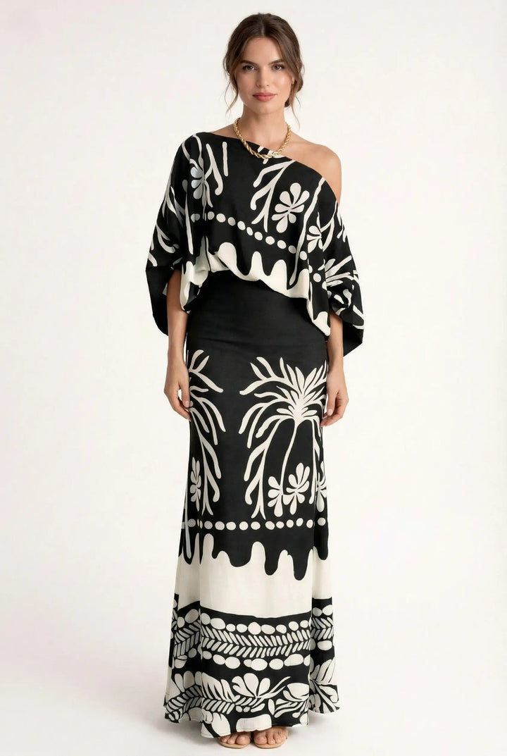Stylish women's co-ord with a long printed maxi skirt & comfortable short-sleeve blouse, great for summer fashion.