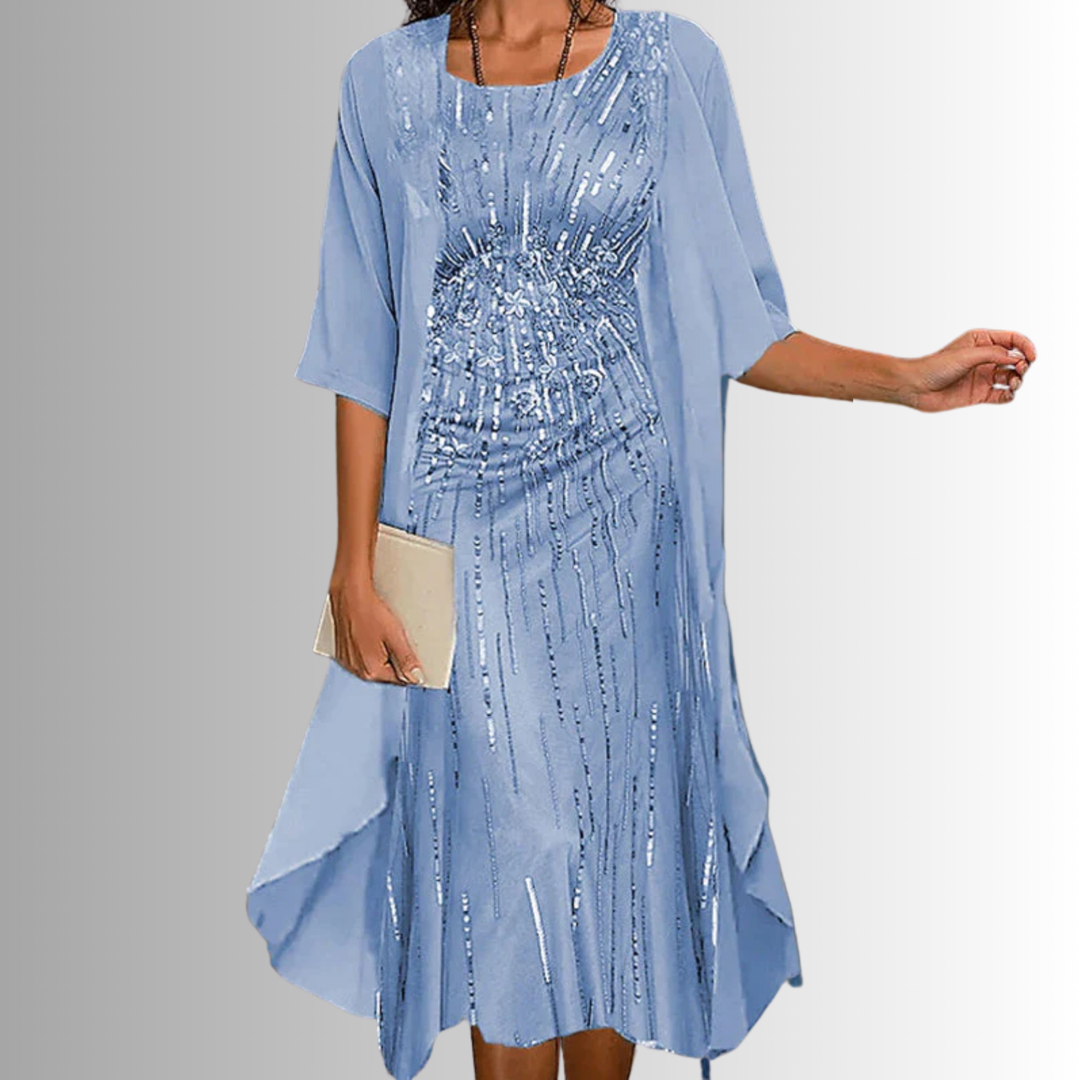 Stylish women's open-front midi dress, features a vibrant print, layered design, & comfortable 3/4 sleeves.