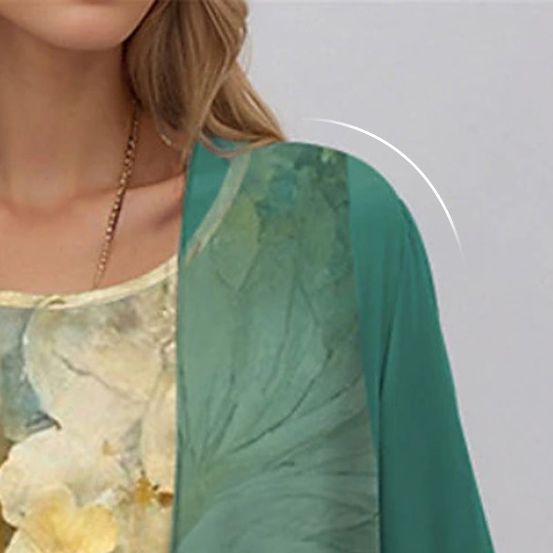 Women's printed 3/4 sleeve layered midi dress, open-front for an effortless, smart casual look.
