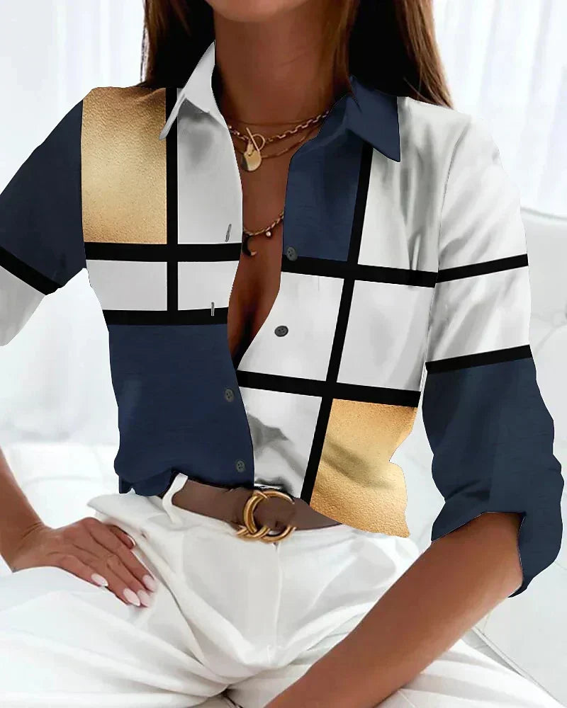 Women's printed short sleeve blouse featuring a modern abstract art design, perfect for elegant casual or office wear.