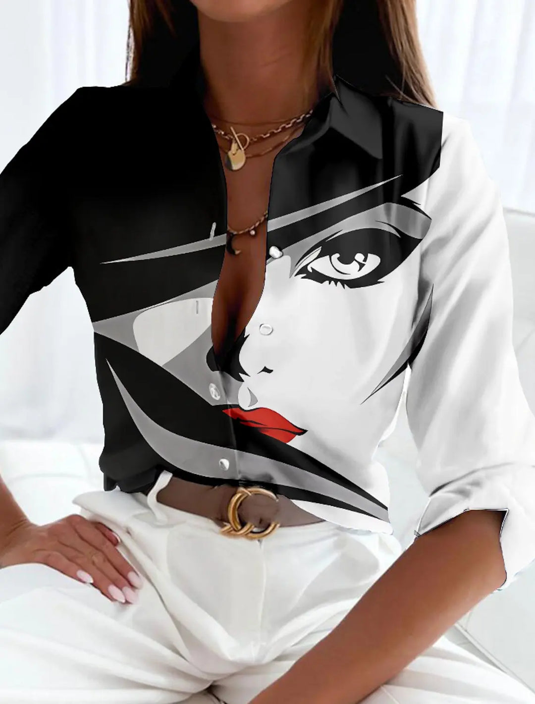 Elegant women's short sleeve blouse with a unique modern art abstract print, great for stylish daily or office outfits.