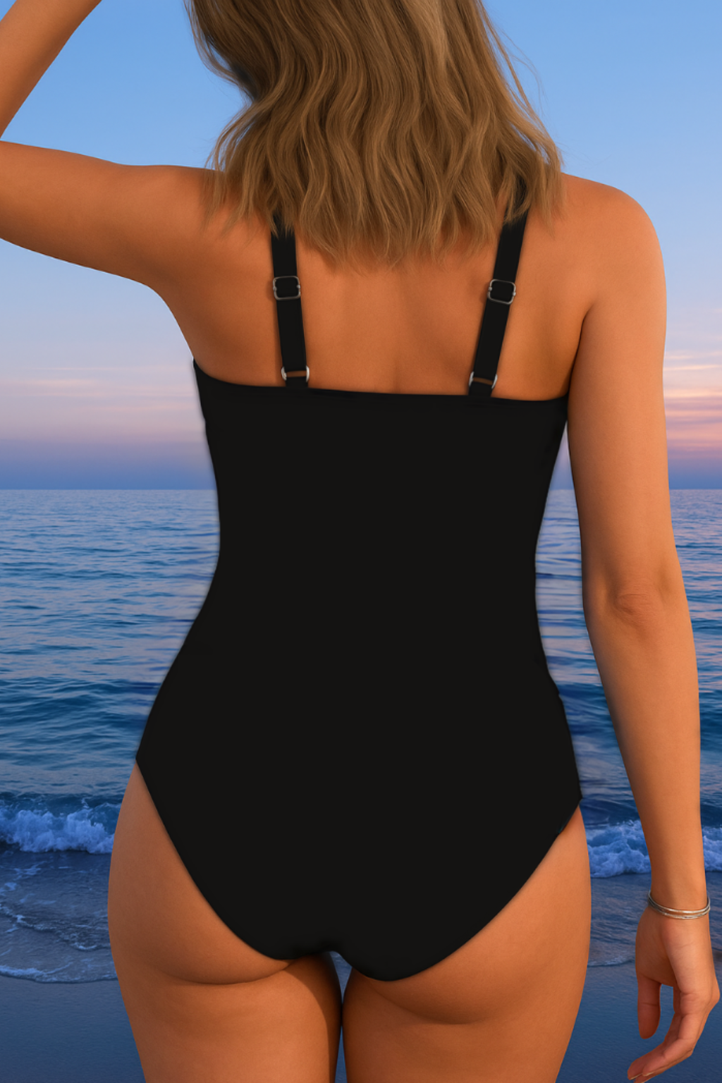 Shaping women's printed surplice swimsuit with tummy control for a smooth, confident summer look at the beach.