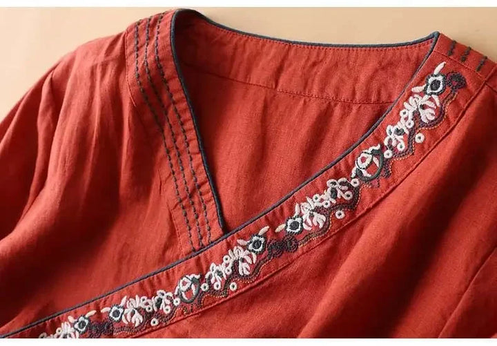 Stylish embroidered patterned blouse, women's relaxed fit, perfect for casual chic.