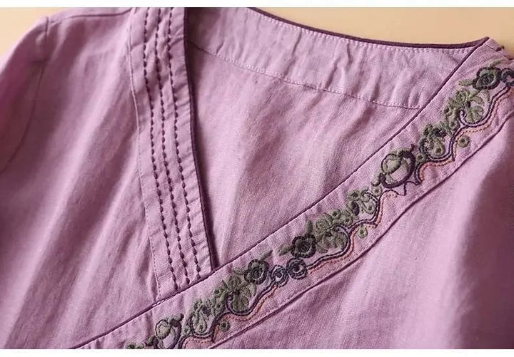 Navy & pink patterned ladies' top, embroidered, comfortable relaxed fit.