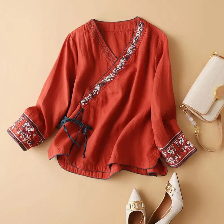 Navy blue embroidered patterned blouse, women's relaxed fit, comfortable and elegant.