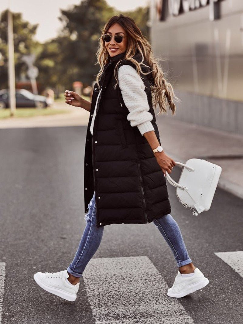 Comfortable women's long quilted bodywarmer vest, a versatile piece for fall & winter casual layering outfits.
