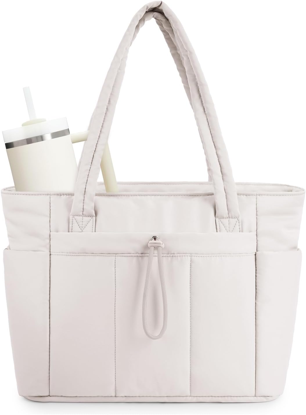 Women's quilted puffer tote bag for work & travel, includes laptop sleeve & cup holder.