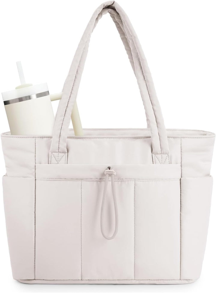 Women's quilted puffer tote bag for work & travel, includes laptop sleeve & cup holder.