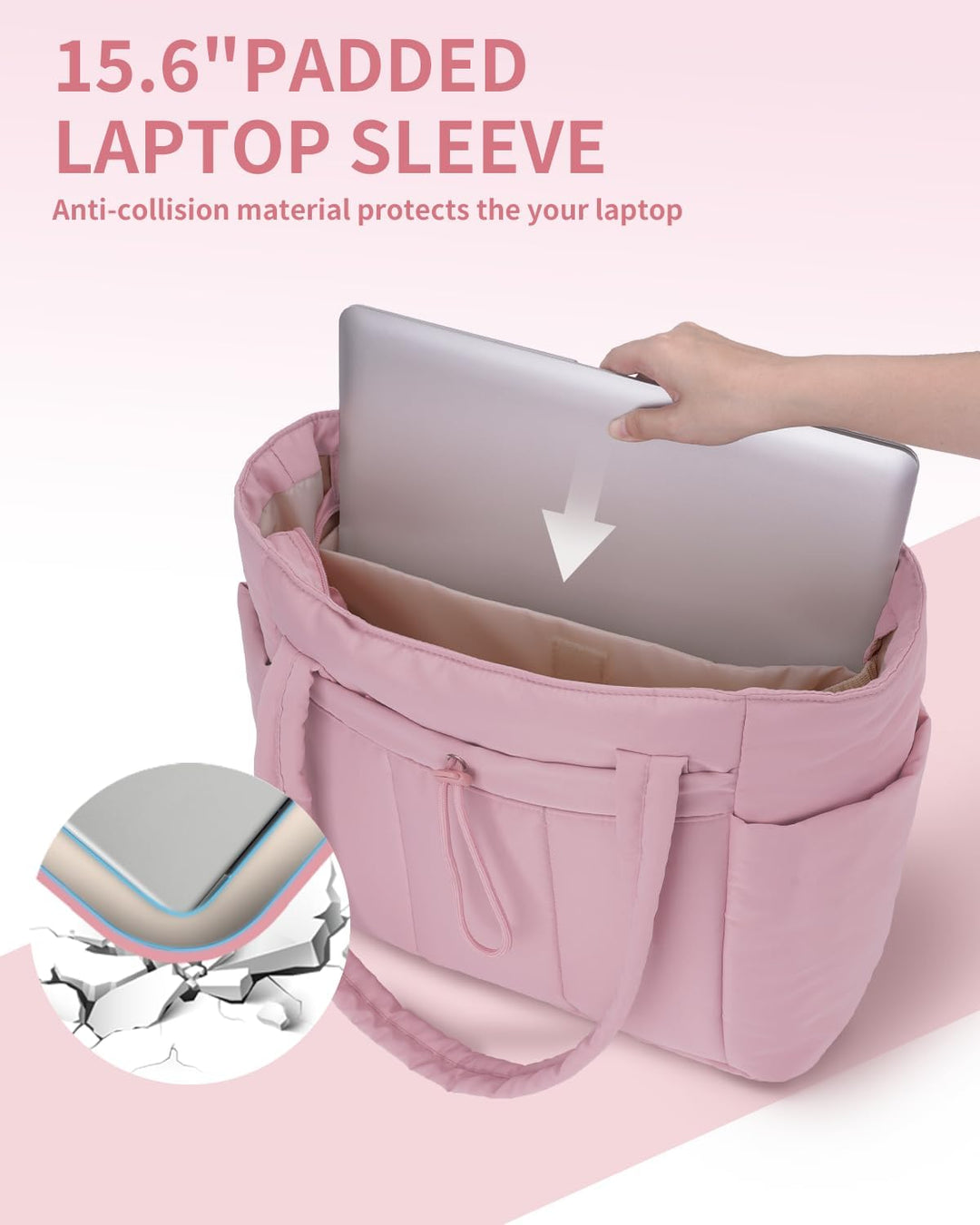 Women's travel tote: quilted puffer style with ample space for laptop & daily necessities.