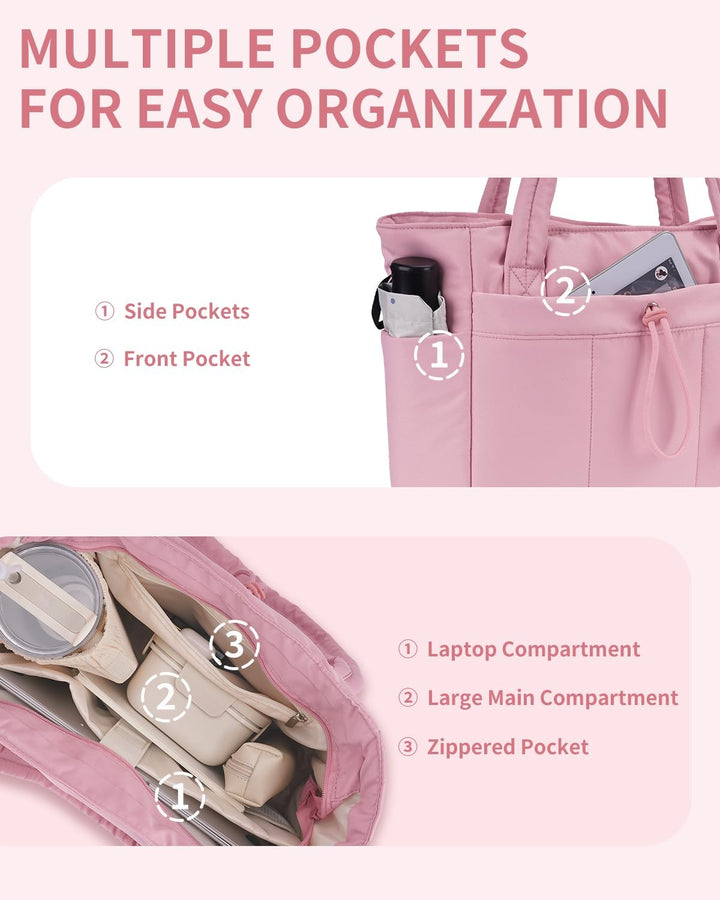 Smart women's work tote, quilted puffer finish, with dedicated laptop and cup slots.