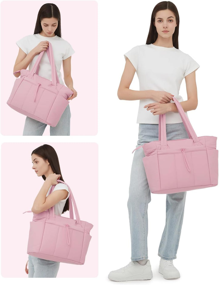 Quilted puffer laptop tote for women, lightweight yet durable for daily commuting.