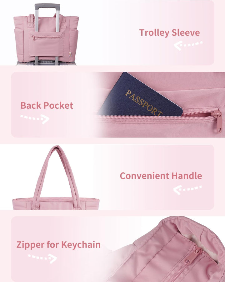 Elegant women's quilted puffer tote bag, ideal for business travel and daily organization.