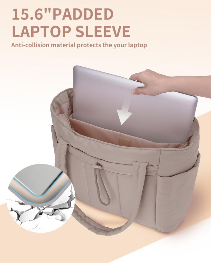 Quilted puffer travel tote bag for women, featuring secure laptop storage.